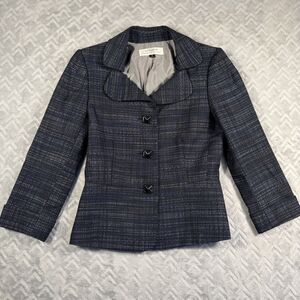 Tahari women Size 2 Suit Jacket Blazer Career Blue 3 Button Up 3/4 Sleeve